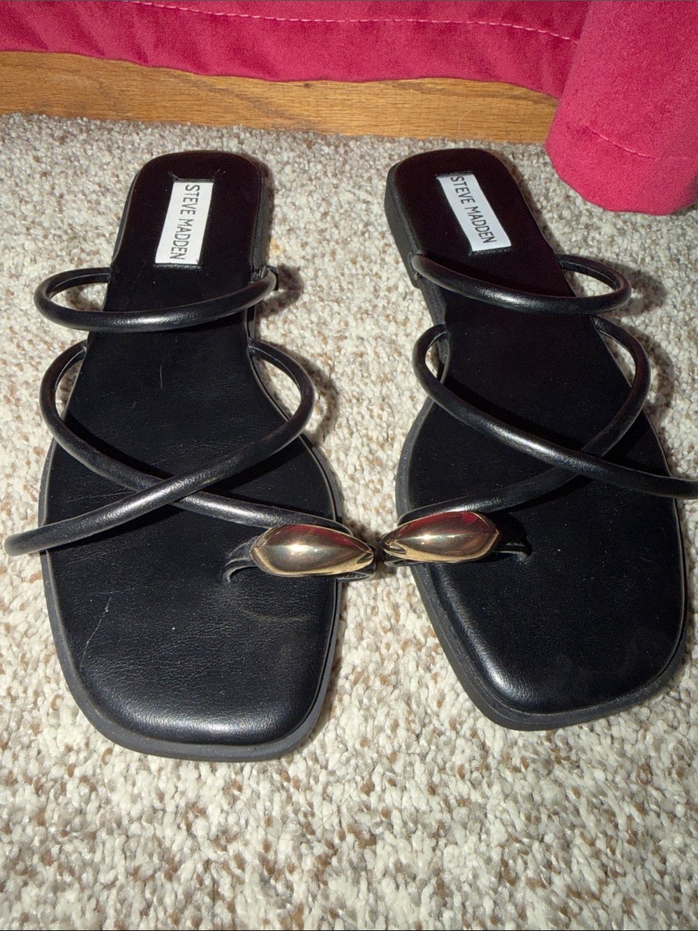 Steve Madden Black Strappy Slide Sandals with Gold Accent Detail on toe